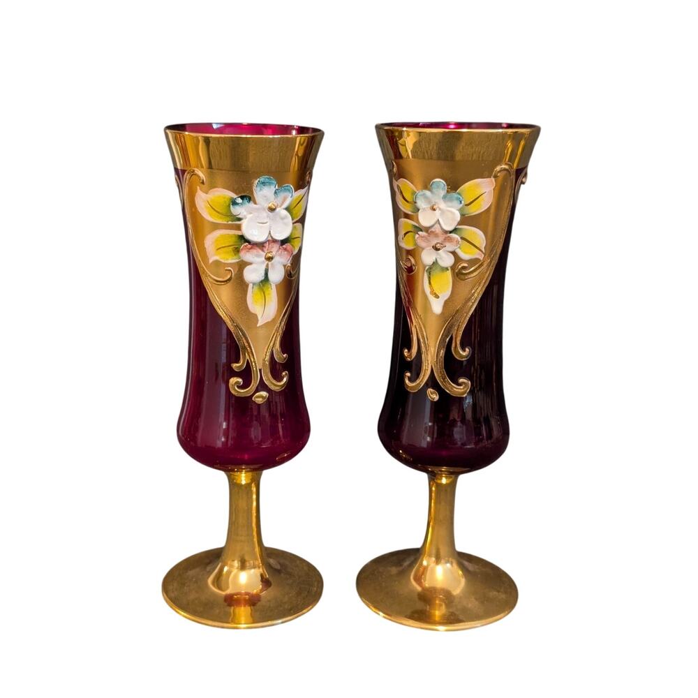 Vtg 50s 2 Red Stem Sherry Glasses Tre Fuochi Murano Italy Venetian Heavy Gilt